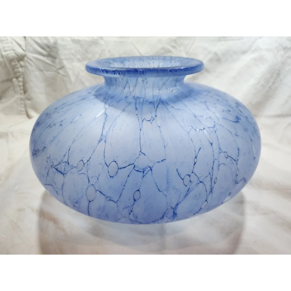 Vintage Aqua Blue Art Glass White Vase 7
